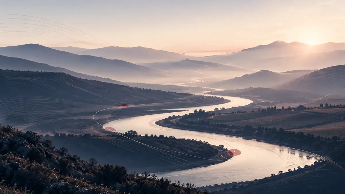 Paisaje conceptual de un río que atraviesa un valle, metáfora de un recorrido gradual